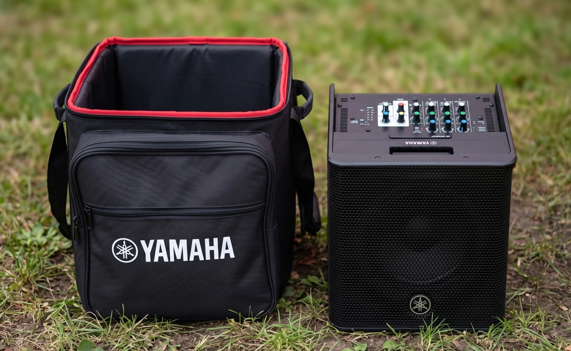 Yamaha STAGEPAS 200 BTR s ovládacím panelem a otevřenou přepravní brašnou na trávě.